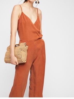 Free People Rust Wide Leg Jumpsuit Small Boho Linen Blend Cami Romper Terracotta